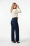 Women's Navy Blue Large Size Crepe Trousers Palazzo Elastic Waist Full Lycra Stretchy Pocketless Button Detail Oversized Wide Leg - 7