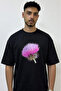 Purple Thistle Design Printed Oversize Black T-Shirt