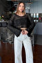 Women's Black Sequin Embroidered Bat Sleeve Casual Crop Blouse