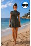 Women's Khaki Swimsuit with Skirt, Short Sleeves, Zipper, and Chest Pads - 3