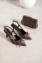 Polkia Polka Dot Patterned Coffee Satin Bow Detailed Pointed Toe Slingback 7 cm Thin Heeled Shoes and Chain Strap Bag Set