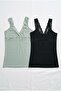 Modal Fabric Lace Strap V-Neck Green and Black Color 2-Piece Women's Undershirt - 2