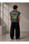 Flame Printed Oversize Worker Boxy Fit Sleeveless Crew Neck T-Shirt
