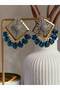 Women's Steel Gold Color Sun Motif Navy Blue Stone Earrings - 3