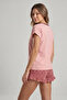 Pink Leopard Low-Sleeve Shorts Pajama Set with Pink Text Print, Collar Piping Detail, and Ruffled Cuffs - 4