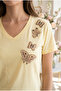 Yellow V-Neck T-Shirt with Butterfly Beads and Sequins Embroidery, 100% Cotton
