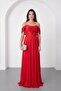 Women's Red Slim Fit Boat Neck Long Evening Dress - 2