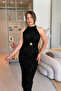 Halter Neck Glittering Elegant Black Midi Dress with Gold Accessories - 7