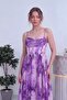 Women's Tie-Dye Patterned Backless Slit Drape Collar Corset Look Chiffon Dress Purple, Blue - 6