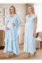 New Season Blue Special Lace Detailed Design Short Sleeve 100% Cotton Maternity Nightgown Set - 8