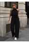 Women's Black Halter Neck Belted Lined Loose Wide Leg Summer Jumpsuit - 5
