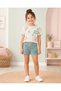 Girl's Ecru T-Shirt and Blue Shorts Set Fun Day Letter Printed Floral Pattern Summer Set
