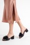 Lace Detailed Feathered Bridal Slippers Black Thick Heeled Wedding Engagement and Dowry Slippers - 2