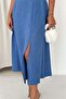 Women's Blue Back Tie Strap Midi Length Square Neck Dress Dpk4672 - 3
