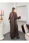 Women's Oversize High Collar Side Slit Wrinkled Textured Long Tunic Dress 9111 - Brown - 8