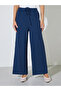 Navy Blue Cotton Wide Leg Pants with Drawcord - 2