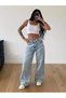 Women's Light Blue Low Waist Ripped Detailed Wide Leg Jean Trousers - 2