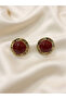Dark Red Curved Round Earrings with Gold Color Detail