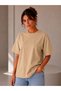 Beige Oversize Women's T-Shirt - Basic Comfortable Cut Crew Neck Cotton T-Shirt