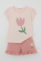 Girl's Shorts Set with Glitter Tulip Print and Bow Detail, Ages 2-6, Powder