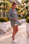 Gray Hooded 3/4 Sleeve Buttoned Jacket with Star Appliqué on the Back and Tieable Skirt Cotton Woven Jacket 75 62 - 7