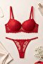 Red Floral Detailed Supported Brode Bra Set - Stylish Lace Set with Push-Up Effect - 2