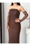 Brown Strapless Stone Embellished Underwire Lace Evening Dress with Gloves - 5