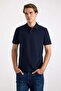Navy Blue Regular Plain Embroidered Pique Buttoned Polo Collar T-Shirt