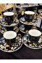 6 Persons Black Color Daisy Pattern Plated Porcelain Coffee Cup Set 90 ml - 6