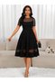 Women's Short Sleeve Crew Neck Polka Dot Tulle Detailed Midi Janjan Crepe Dress - 2