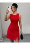 Women's Strappy Round Neck Slit Short Atlas Dress with Bow Detail