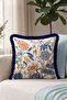 Birds and Flowers Pattern Fringe Pillowcase - Exotic Botanical Blue Navy Tassel Throw Pillow Cover