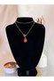 Women's Stainless Steel Gold Color Red Natural Stone Looking Pendant Necklace - 4