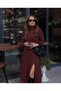    Women's Long Sleeve Turtleneck Deep Slit Detail Crepe Dress - 2