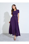 Purple Cut-Work A-Line Maxi Dress With Buckle Belt - 3