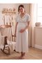 New Season Beige Melange Stylish Design with Volan Detail and Breastfeeding Feature Full Length Short Sleeve Maternity Nightgown Set - 6