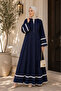 - Navy Blue Lace Trim Modest Maxi Dress - 2