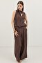 Brown Shawl Collar Striped Women's Set