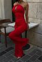 Women's Red Halter Neck Chain Strap Spanish Flare Premium Jumpsuit Nbdf290 - 5