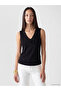 Black V-Neck Women's Blouse with Floral Applique