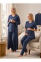 New Season Navy Blue Double-Breasted Collar Design Short Sleeve Flounce 100% Cotton Maternity Long Dressing Gown Pajama Set - 4