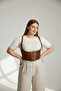 Plus Size Tan Women's Belted Leather Corset with Shoulder Straps and Tie-Up - 3