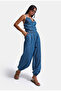 Women's Blue 1S6-4 Special Design Loose Cut Halter Neck Salopet Jumpsuit - 5