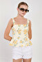 Women's Thick Strap Blouse with Ruffled Hem - Yellow Floral - 2
