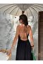Women's Black Halter Neck Backless Slit Long Summer Dress %High Cotton Content - 2