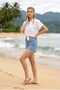 Eleni 40 cm High Waist Ice Blue Snow Wash Straight Leg Lycra Laser Ripped Women's Denim Shorts New Season - 4