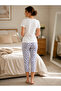 Women's Modal Short Sleeve Pajama Set White Patterned Comfortable Home Wear (P10-334) - 3