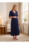New Season Navy Blue Ribbed V-Neck Button Detailed Design Short Sleeve 100% Cotton Maternity Nightgown - 3