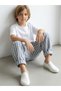 100% Cotton Boys' Set Blue and White Striped Muslin Carrot Pants + Ecru Combed Cotton T-Shirt - 3