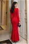Women's V-Neck Brooch Detailed Long Sleeve Maxi Length Evening Dress Graduation Evening Gown - 3